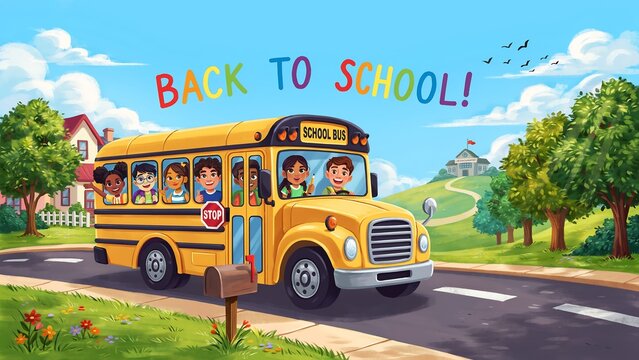 School bus driving with happy kids back to school