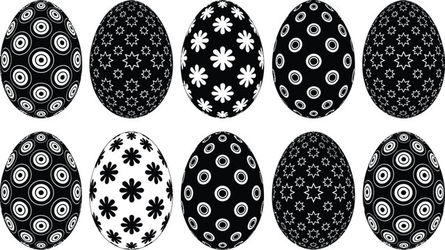 Colecci&oacute;n de diez huevos de Pascua decorativos con patrones geom&eacute;tricos en blanco y negro