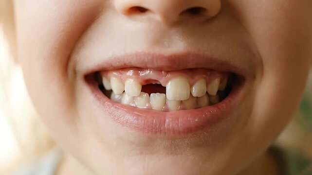 Close-up of a child's smiling face with missing teeth showing playful and cheerful expressions