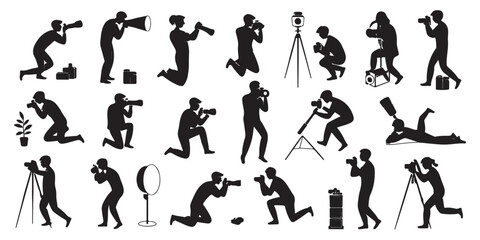 Diverse set of professional photographer silhouettes performing various shooting tasks with cameras tripods and lighting equipment. © MONSUR.99