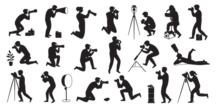 Diverse set of professional photographer silhouettes performing various shooting tasks with cameras tripods and lighting equipment.