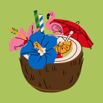 Tiki bar. Summer Cocktail. Refreshing drink with fruit, flowers, straw, umbrella. Coconut shell glass. Hand drawn Vector illustration. Isolated design element. Logo, sticker, print template
