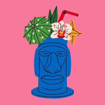 Tiki bar. Summer Cocktail. Refreshing drink with fruit, flowers, straw, umbrella. Tribal face, head shape glass. Hand drawn Vector illustration. Isolated design element. Logo, sticker, print template