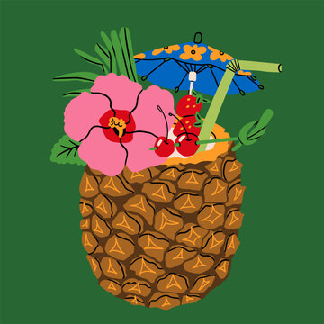 Tiki bar. Summer Cocktail. Refreshing drink with fruit, flowers, straw, umbrella. Pineapple glass. Hand drawn trendy Vector illustration. Isolated design element. Logo, sticker, print template