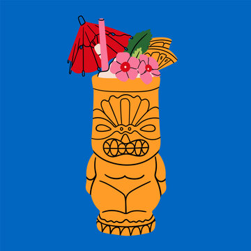 Tiki bar. Summer Cocktail. Fresh drink with fruit, flowers, straw, umbrella. Tribal face, statue shape glass. Hand drawn Vector illustration. Isolated design element. Logo, sticker, print template