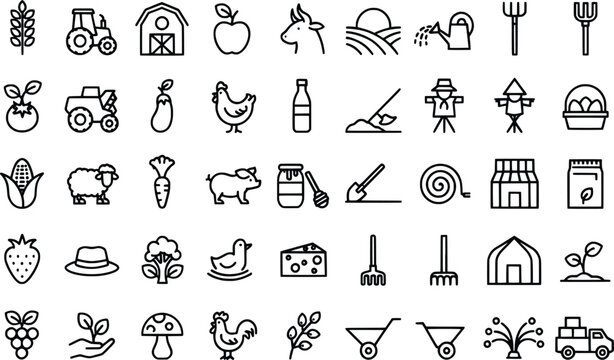 Collection of agricultural farming and animal icons with transparent background