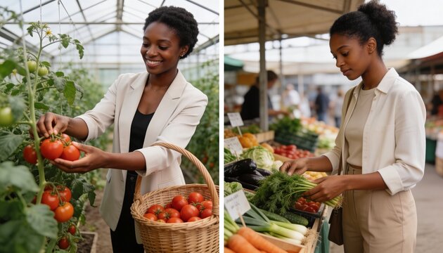 Black woman picking tomatoes in a greenhouse and buying fresh vegetables at an outdoor market. Healthy lifestyle and organic produce concept. Farm to table journey collage