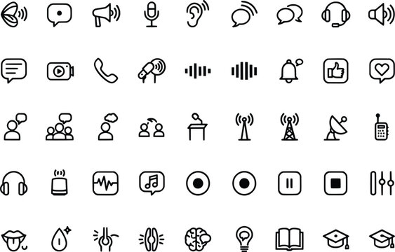Collection of communication technology and media icons with transparent background
