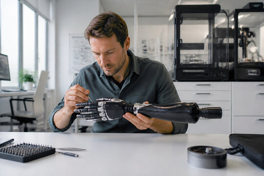 A man is examining a robotic hand on a white desk in a modern laboratory or workshop.