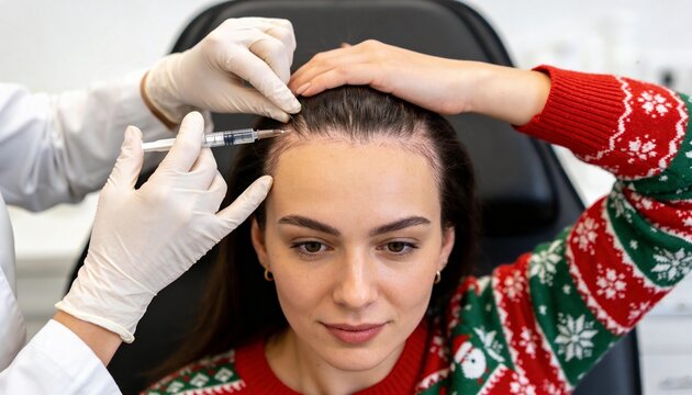 Close up of woman receiving scalp injection for hair growth. Medical professional performing hair restoration treatment. Mesotherapy or PRP therapy for hair loss prevention in clinic
