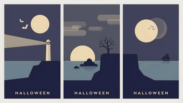 Spooky halloween poster set lighthouse tree and boat night scenes