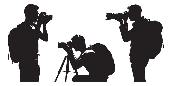 Group of travel photographer silhouettes using tripods and backpacks while capturing landscapes or urban scenes in different body poses.