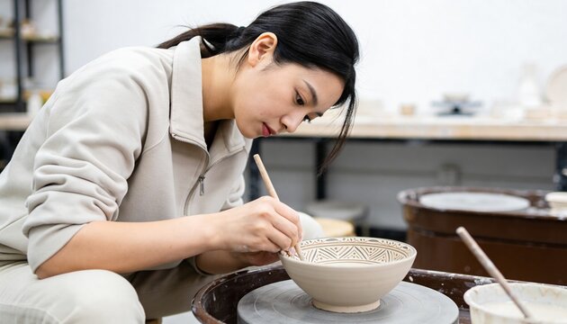 Young Asian woman decorating a ceramic bowl in a pottery studio. Female artist meticulously applying a geometric pattern to handmade pottery. Craft and creativity concept