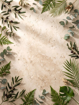 Minimalist botanical flat lay frame on travertine stone summer background