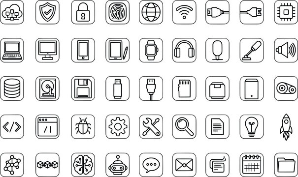 Collection of technology and digital icons with transparent background for various uses