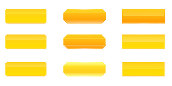 Orange wide web buttons set isolated on white background. Vector illustration of glossy yellow banners with octagon and rectangle shapes for application UI, UX design, and CTA button set.