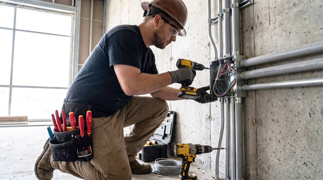 Electrician kneeling and using a cordless drill to install an electrical junction box on a concrete wall. Professional construction work.