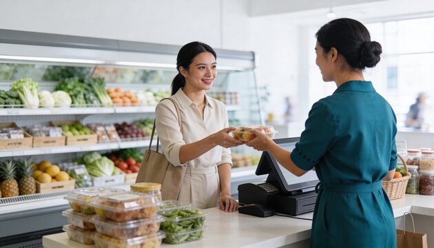 Smiling Asian woman buying fresh food at a grocery store. Customer handing a container to a cashier at a supermarket checkout. Healthy lifestyle and retail concept