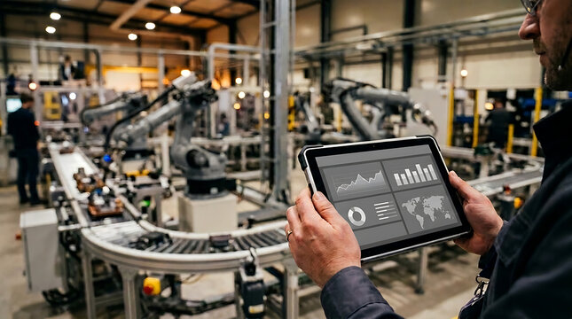 Technician using a tablet to monitor robotic machinery on an automated manufacturing line in a modern industrial production plant.