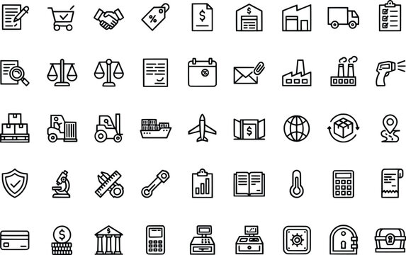 Collection of various business and industry related icons with transparent background