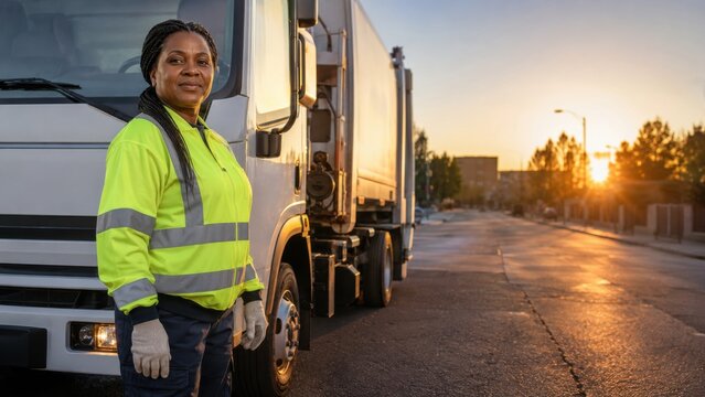 African American female sanitation worker in high-visibility jacket stands confidently beside a garbage truck on an urban street during sunset