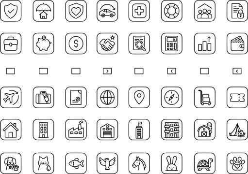 Collection of various icons featuring travel transportation and lifestyle symbols on transparent background