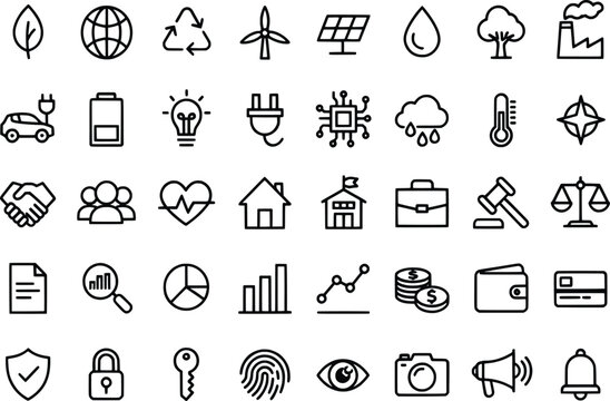 Collection of various icons representing sustainability technology and modern lifestyle concepts