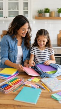 Mother and daughter organizing colorful school supplies together at home, with notebooks, folders, and stationery spread across a kitchen table