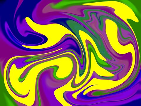 Abstract liquid marble background with vibrant yellow, purple, green, and blue swirling fluid waves, dynamic trippy marbling texture illustration for colorful wallpaper, packaging, poster