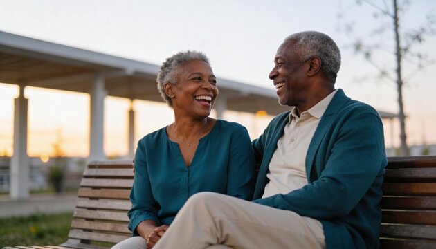 Happy senior Black couple laughing on a park bench. Elderly African American man and woman enjoying retirement together at sunset. Healthy aging and lifelong companionship concept