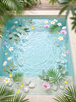 Luxury wellness spa pool with tropical flowers and leaves summer background