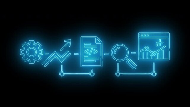 Business Growth Workflow with Analytics and Performance Tracking Neon Icon