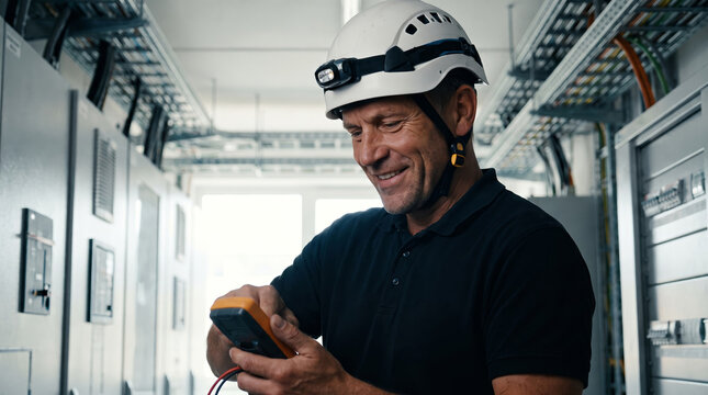 An electrician with a multimeter in production. A smiling electrician in a helmet and with a multimeter at an industrial facility. Electrician, a man in a white helmet with a headlamp.