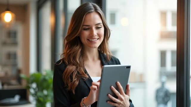 Confident young businesswoman using a digital tablet by the window in a modern, bright office. Professional technology use, remote work, and workplace productivity concept for corporate design.