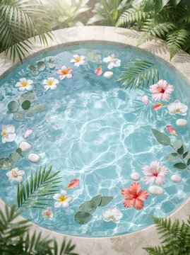 Tropical spa water with floating flowers and leaves summer background
