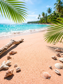 Beautiful tropical beach summer background with palm leaves and seashells