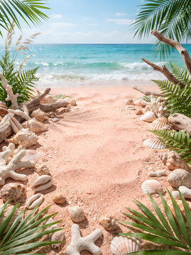 tropical beach summer background with palm leaves and seashells
