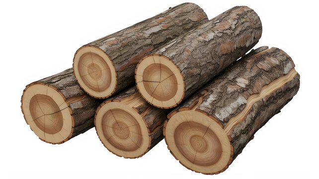 Stack of natural wooden logs. Cut timber pieces isolated on a transparent background.
