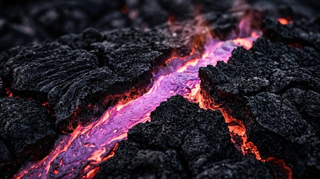 Cooling volcanic magma field displays intricate black crusted rock patterns fractured by veins of intensely glowing violet and pink lava.
