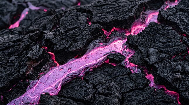 Cooling volcanic magma field displays intricate black crusted rock patterns fractured by veins of intensely glowing violet and pink lava.