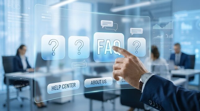 Frequently asked questions button with question mark icons digital interface display