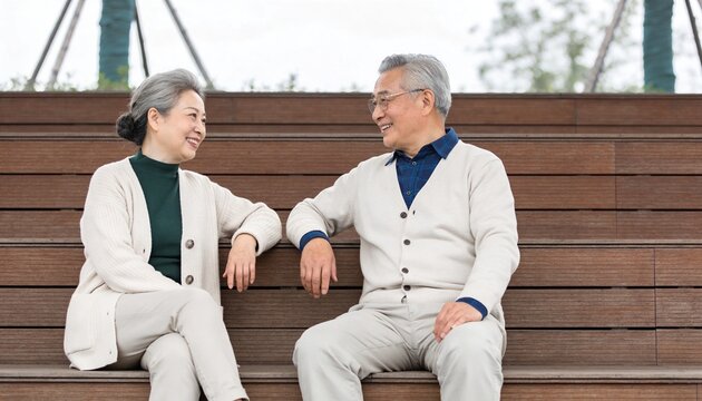 Senior Asian couple sitting on wooden stairs and talking. Elderly man and woman smiling at each other in a park. Retirement and companionship concept