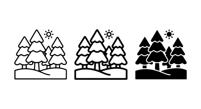 Pine Forest Icons Set, Winter Landscape Vector Graphics, Snowy Trees and Sun Symbols