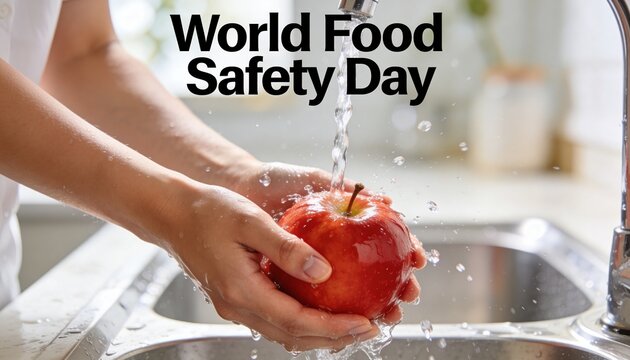 World Food Safety Day concept with hands washing a red apple under a kitchen faucet. Person cleaning fresh fruit in a sink with splashing water. Food hygiene and health awareness
