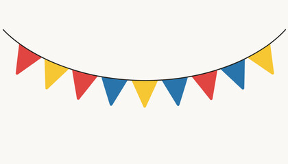 Obraz premium Colorful party garland with red, yellow, and blue triangular bunting flags hanging on a thin curved string.