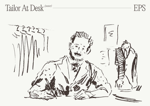 Tailor Resting On Chair In Fashion Studio, Hand Drawn Sketch Illustration