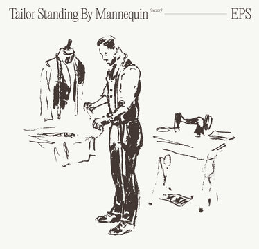 Tailor Standing Near Mannequin And Work Table, Hand Drawn Sketch Illustration