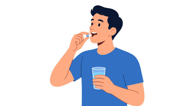 Young man taking a pill and holding a glass of water