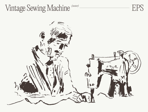 Man Working At Vintage Sewing Machine In Workshop, Hand Drawn Sketch Illustration
