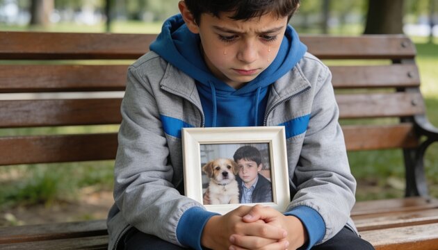 Sad boy crying on a park bench while holding a framed photograph of his dog. Concept of pet loss and childhood grief. Young child mourning his deceased puppy in a park